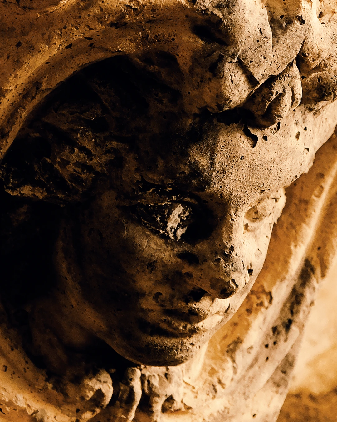 A close-up of a sculpted face in the Garden, its textured surface lit in warm gold